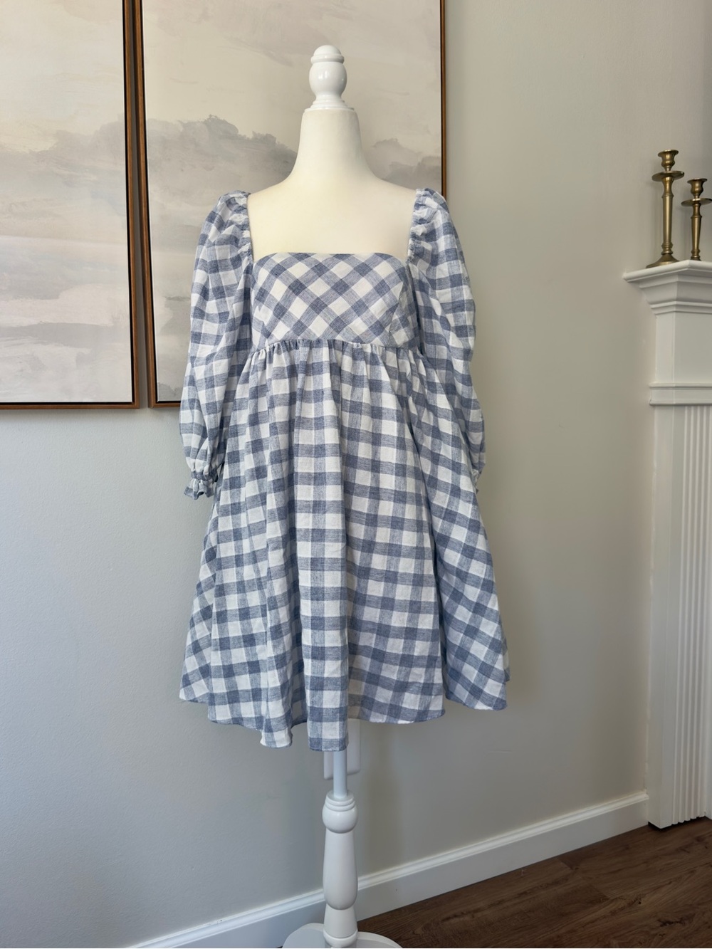 Storia Blue & White Gingham Quarter Sleeve Babydoll Mini Dress